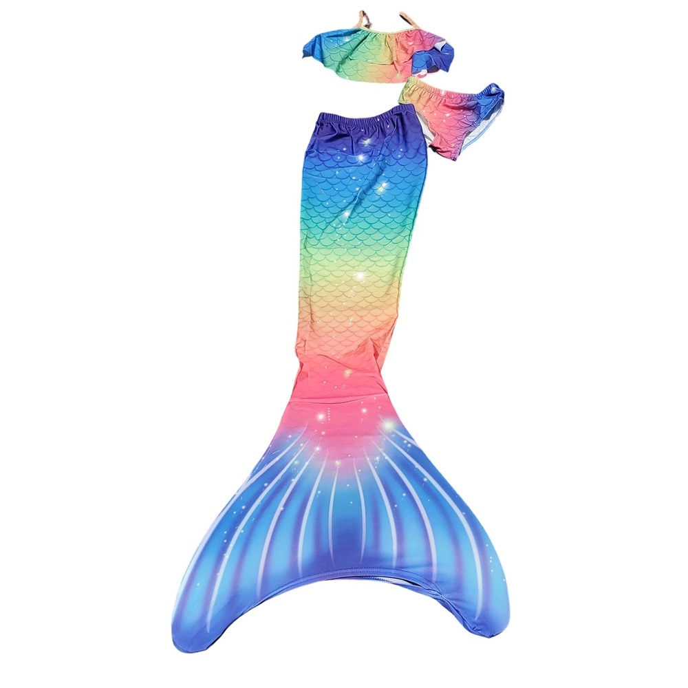 Kids Rainbow Mermaid Tail 4 Piece Swimsuit Set Ruffle Bikini Top Bottoms NWT